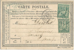1877 - CARTE PRECURSEUR ENTIER TYPE SAGE MIXTE N/B + N/U De LISIEUX (CALVADOS) Pour BERNAY (EURE) - Precursor Cards