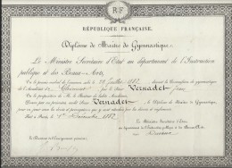 Diplôme De Maitre De Gymnastique /Ministre Secrét. D´Etat Dépt Instruction Publique Et Beaux Arts/Clermont/1882   DIP106 - Diplômes & Bulletins Scolaires