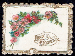 Chromo Jolie Petite Carte "Doux Souvenir", Gaufrée, Fleurs, Paillettes, Pourtour Dentelé - Fleurs