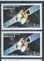 [13] Variétés : N° 2333 Satellite Télécom 1 Panneaux Solaires Bleu-violet Au Lieu De Bleu + Normal ** - Unused Stamps