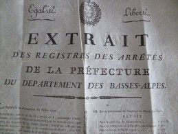 Extrait Des Registres Des Arrétés De La Préfecture Des Basses Alpes 7 Ventôse An 9. Digne Organisation Des Maries.A3 - Decretos & Leyes