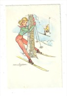 CPA Fantaisie Hanitzsch ? Illustration D'une Femme En Skis Percutant Un Arbre Homme Lisant Le Journal Dans Un Télésiège - Sonstige & Ohne Zuordnung