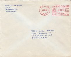 35643- AMOUNT 10000, PINARHISAR, RED MACHINE STAMPS ON COVER, 1985, TURKEY - Lettres & Documents