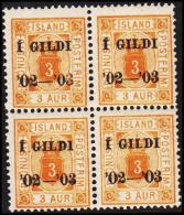 1902. Official. I GILDI. 3 Aur Yellow. Perf. 12 3/4. 4-Block. (Michel: D10B) - JF191784 - Service