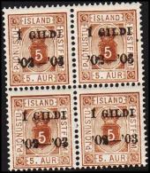 1902. Official. I GILDI. 5 Aur Brown. Perf. 12 3/4. 4-Block. (Michel: D12B) - JF191786 - Dienstmarken