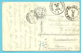 Kaart Met Stempel BRUGGE 3A (noodstempel) Naar Etterbeek, Stempel BRUXELLES En Doorveerzonden ROUSBRUGGE-HARINGHE - Fortune (1919)