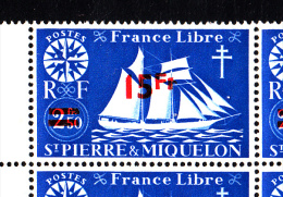 St Pierre Et Miquelon 1945 MNH Sc 321 Block Of 10 15fr On 2.50fr St. Malo Fishing Schooner Top Left: 'Sloping 1' Variety - Blocks & Sheetlets