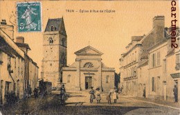 TRUN EGLISE ET RUE DE L'EGLISE CARTE TOILEE 61 ORNE - Trun