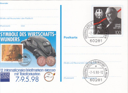 35961- LUDWIG ERHARD, CAR, COINS, ESSEN FAIR, POSTCARD STATIONERY, 1998, GERMANY - Geïllustreerde Postkaarten - Gebruikt