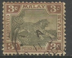 Federated Malay States - 1904 Tiger (Multiple Crown CA W/mark) 3c Used  Sc 27a - Federated Malay States