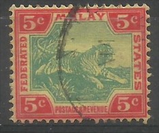 Federated Malay States - 1904 Tiger (Multiple Crown CA W/mark) 5c Used  Sc 29b - Federated Malay States