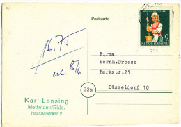 1959 Mi296 OP POSTKARTE  VAN METTMANN NAAR DUSSELDORF ZIE SCAN(S) - Otros & Sin Clasificación