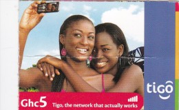 Ghana, Ghc5, Tigo, Women With Telephone, Small Card, 2 Scans  Bend - Ghana