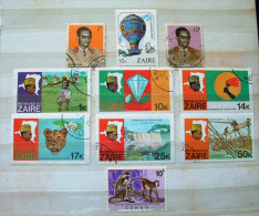 Congo / Zaire 1969 - 1984 Map Balloon Montgilfier Dance Diamond Lion Waterfall Fishing Monkeys - Used