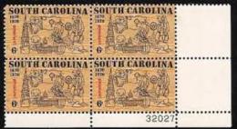 Plate Block -1970 USA SOUTH CAROLINA Stamp Sc#1407 Ship Cotton Tobacco Church State Flag Flower - Plattennummern