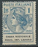 1924 REGNO PARASTATALE 1 LIRA CASSA NAZIONALE ASS INF LAVORO MNH **  - G140-3 - Franchise