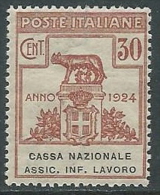 1924 REGNO PARASTATALE 30 CENT CASSA NAZIONALE ASS INF LAVORO MNH **  - G140-2 - Franchigia
