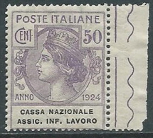 1924 REGNO PARASTATALE 50 CENT CASSA NAZIONALE ASS INF LAVORO MNH **  - G140-2 - Franchise