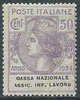 1924 REGNO PARASTATALE 50 CENT VARIETà LETTERA O LAVORO ROTTA MNH **  - G140-3 - Franchigia