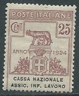 1924 REGNO PARASTATALE 25 CENT CASSA NAZIONALE ASS INF LAVORO MNH **  - G140 - Franchigia