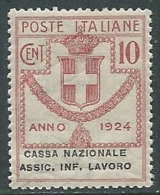 1924 REGNO PARASTATALE 10 CENT CASSA NAZIONALE ASS INF LAVORO MNH **  - G141-2 - Franchise