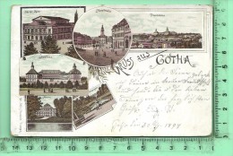 GOTHA: Gruss, Lithographie Multi-vues, Schloss, Orangerie, Hauptmarkt, Panorama, Museum, Theater - Gotha