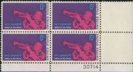 Plate Block -1969 USA W.C. Handy Stamp Sc#1372  Famous Father Of The Blues Jazz Trumpet Music - Numero Di Lastre