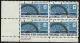 Plate Block -1968 USA Arkansas River Navigation Stamp Sc#1358 Ship Wheel Electricity Tower Barge - Plate Blocks & Sheetlets