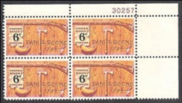 Plate Block -1968 USA American Folklore, Daniel Boone Stamp Sc#1357 Rifle Gun Horn Nife Tomahawk Famous - Plaatnummers