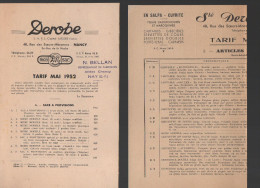 Tarifs (2 Docs)  DEROBE (bagages, NANCY) 1952 (PPP2242) - Sport En Toerisme