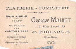 TOUARS - Carte De Visite, Platerie-Fumisterie "Georges MAHIET" 15 Place Lavault  - Timbres Fiscaux  -  Voir Description - Visitekaartjes