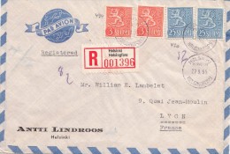 LETTRE FINLANDE  COVER FINLAND 1955. RECOMMANDEE PAR AVION.  HELSINKI- LYON FRANCE /CLASSEUR FINLANDE 45 - Briefe U. Dokumente