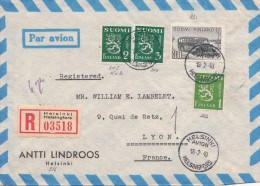 LETTRE FINLANDE  COVER FINLAND 1949. RECOMMANDÉE PAR AVION.  HELSINKI- LYON FRANCE /CLASSEUR FINLANDE 46 - Lettres & Documents