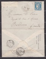 RR Indice 31 - Enveloppe N46R2 Vers Bordeaux. Cachets Ambulant+arrivée Assemblée Nationale Bordeaux 18 Fev 71 (indice31) - 1870 Bordeaux Printing