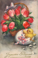 PAQUES - Jolie Carte Fantaisie Poussin Avec Fleurs Tulipes De "Joyeuses Pâques" - HANNES PETERSEN - Petersen, Hannes