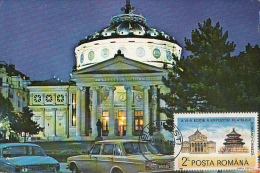 BUCHAREST ROMANIAN ATHENEUM BY NIGHT, CAR, CM, MAXICARD, CARTES MAXIMUM, 1988, ROMANIA - Maximum Cards & Covers