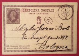 LUGO  ANNULLO DOPPIO CERCHIO  SU INTERO POSTALE N.1 _ PER  BOLOGNA IN DATA  2 AGOSTO 1877 - Interi Postali