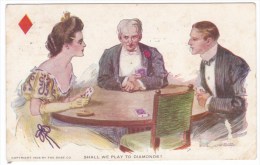 Artist Image Romance Couple Plays Bridge 'Shall We Play To Diamonds' Marriage, C1900s Vintage Postcard - Speelkaarten