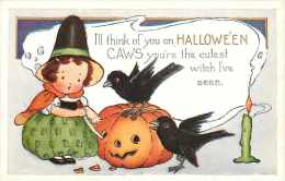 242187-Halloween, Whitney No WNY06-3, Black Crows Watching Young Girl Witch Carving JOL, Ghost Faces From Candle Smoke - Halloween