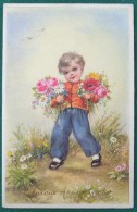 Cp Litho Illustrateur HANNES PETERSEN Fete Anniversaire Enfant Portant Bouquet Fleur Ecrite 1942 - Petersen, Hannes