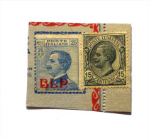 Frammento Con 25 Centesimi Sovrastampa BLP Rossa E 15 Centesimi Leoni Non Timbrati - Stamps For Advertising Covers (BLP)