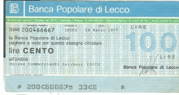 BANCA POPOLARE DI LECCO, MINIASSEGNO PER UNIONE COMMERCIANTI LECCHESI,LECCO, £.100,LECCO 1977, - [10] Assegni E Miniassegni