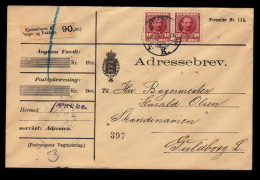 1907. King Frederik VIII. 10 Øre Red 2 Ex. Adressebrev KJØBENHAVN 24.2.12. + SAXKJØBING... (Michel: 54) - JF500456 - Briefe U. Dokumente