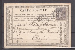 Entier De GRASSE Var  Type SAGE 15c Gris Sur CPA   Le 28 FEV 1877    Pour PARIS - Precursor Cards
