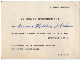 VP2733 - PARIS -  Carte D'invitation  Le Comte D'HERBEMONT - Rencontre équestre Franco - Belge - Other & Unclassified