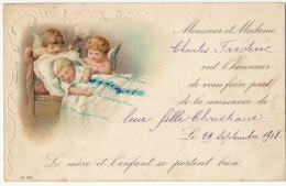 Tres Belle Carte Angelots Gaufrée Faire Part Naissance Christiane Charles Frederic  29/9/1908 Embossed Cupid - Anges