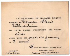 VP2736 - PARIS -  Carte D´invitation  Le Lt - Colonel Et Madame RAQUEZ - Sonstige & Ohne Zuordnung