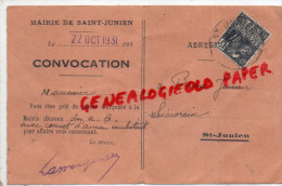 87 - SAINT JUNIEN - CARTE CONVOCATION AVEC CARNET ANCIEN COMBATTANT A LA MAIRIE -JUNIEN BRUN SICIOREIX- 1931- LASVERGNAS - Sin Clasificación