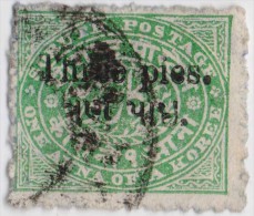 India, Princely State Soruth, Three Pies Overprint On Emerald Green, Laid Paper, Used Inde Indien - Soruth