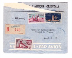 Lettre Cote Française Des Somalis Recommandée Recommandé Djibouti 3 Timbres Cachet 1950 Adressée Consul De France à Aden - Briefe U. Dokumente